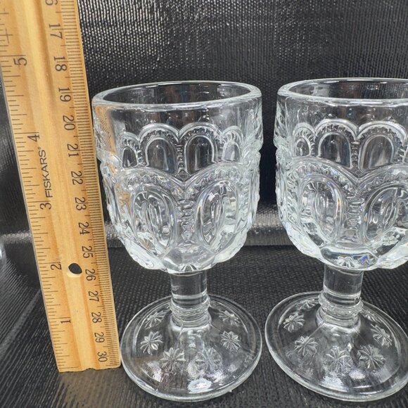 Antique Moon and Stars Palace Clear Goblet Cups Stems Set 2 Manganese 365nm UV - Picture 5 of 11